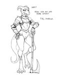  armor axe black_and_white bottomless claws clothed clothing dialogue digitigrade female guoh hindpaw horn kobold melee_weapon monochrome open_mouth paws pussy scalie sharp_teeth solo teeth toe_claws weapon 
