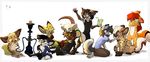  anthro barefoot black_hair canine clothed clothing costume digitigrade fennec feral fox fur grey_hair group hair holding_object hookah hyena magenta7 mammal marsupial nude open_mouth opossum simple_background smile white_background wite_hair yellow_fur 
