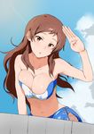  :o absurdres arm_up bare_arms bare_shoulders blush breast_squeeze breasts brown_eyes brown_hair cleavage cloud cloudy_sky collarbone commentary_request condensation_trail day highres idolmaster idolmaster_million_live! j.roswel kitazawa_shiho long_hair looking_at_viewer medium_breasts navel outdoors salute skirt sky solo stomach strapless tubetop wet wet_hair 