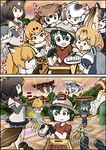  6+girls :d :o animal_ears bear_ears bear_paw_hammer black-tailed_prairie_dog_(kemono_friends) black_gloves black_hair blonde_hair blowtorch blue_eyes bow bowtie brown_bear_(kemono_friends) brown_eyes brown_hair chopsticks comic commentary common_raccoon_(kemono_friends) emphasis_lines eurasian_eagle_owl_(kemono_friends) ezo_red_fox_(kemono_friends) falcon9r fire fleeing flying footprints fox_ears fox_tail fur_collar gloves gradient_hair grey_hair grey_wolf_(kemono_friends) hair_between_eyes hand_on_another's_head hat head_wings holding holding_chopsticks holding_weapon jaguar_(kemono_friends) jaguar_ears jaguar_print jaguar_tail jumping kaban_(kemono_friends) kemono_friends long_hair lying miniskirt multicolored_hair multiple_girls northern_white-faced_owl_(kemono_friends) open_mouth otter_tail outdoors over_shoulder pantyhose partially_translated paw_print plaid plaid_skirt prairie_dog_tail product_placement raccoon_ears red_shirt serval_(kemono_friends) serval_ears serval_print serval_tail shirt short_hair short_sleeves skirt small-clawed_otter_(kemono_friends) smile spread_wings t-shirt tail tail_feathers thighhighs translation_request twilight weapon weapon_over_shoulder white_hair wolf_ears wolf_tail yellow_eyes zettai_ryouiki 