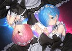  bad_id bad_pixiv_id bare_shoulders blue_eyes blue_hair blush bob_cut detached_sleeves hair_ornament hair_over_one_eye hairband hairclip holding_hands lying maid mia_(miaflocon) multiple_girls on_side pink_eyes pink_hair ram_(re:zero) re:zero_kara_hajimeru_isekai_seikatsu rem_(re:zero) rotational_symmetry short_hair siblings sisters twins 