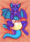  anthro bed claws cub diaper dracky dragon fur furred_dragon horn lying male pawpads paws purple_fur solo tongue urine wet_diaper wings young 