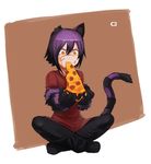  animal_ears black_footwear black_hair black_pants brown_background cat_ears cat_tail cheshire_cat_(monster_girl_encyclopedia) eating facial_scar food food_on_face fur highres holding holding_food holding_pizza indian_style laska_(monster_girl_encyclopedia) less missing_ear monster_girl monster_girl_encyclopedia multicolored_hair pants paws pepperoni pizza purple_hair red_shirt scar shirt short_hair short_sleeves sitting slit_pupils solo striped striped_tail tail tail_raised two-tone_hair yellow_eyes 