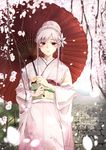  blurry blush braid cherry_blossoms crown_braid depth_of_field floral_print flower hair_bun hair_flower hair_ornament highres holding holding_umbrella japanese_clothes kimono long_hair looking_at_viewer lucy_maria_misora nitta_hiroto obi oriental_umbrella outdoors petals pink_hair pink_kimono purple_eyes sash sett sidelocks smile solo standing to_heart_2 umbrella wide_sleeves 