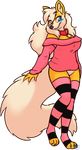  2013 alpha_channel anthro artstuffpossibly big_tail blue_eyes blush bottomless breasts canine cleavage clothed clothing collar female fox full-length_portrait fur hair legwear looking_at_viewer mammal orange_fur panda-chan_(character) portrait simple_background smile solo standing tan_fur thigh_highs transparent_background white_hair 