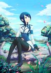  asymmetrical_hair black_gloves black_legwear blue_eyes blue_hair blue_sky boots cherry_blossoms cloud copyright_name day dress fingerless_gloves forest full_body gloves hai_to_gensou_no_grimgar highres long_hair looking_away merry_(grimgar) nature outdoors petals plant ponytail ramiel_(gantz206) side_ponytail sitting sky solo thighhighs tied_hair tree water 