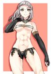  1girl abs angry bare_shoulders breasts brown_eyes choker cleavage elbow_gloves fate/grand_order fate_(series) fingerless_gloves gloves grey_hair hair_ornament looking_at_viewer medium_breasts penthesilea_(fate/grand_order) short_hair short_shorts shorts solo standing underboob 