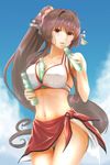  bangs between_breasts bikini blue_sky bottle breasts brown_eyes brown_hair cherry_blossoms cleavage cloud collarbone cowboy_shot day groin hair_between_eyes hair_ornament headgear highres holding holding_bottle kantai_collection kokuzoo large_breasts long_hair looking_at_viewer miniskirt navel open_mouth outdoors ponytail ramune sarong sidelocks skirt sky solo standing stomach swimsuit very_long_hair white_bikini yamato_(kantai_collection) 