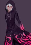  anti_black_coat black_coat black_coat_(kingdom_hearts) coat expressionless grey_background grey_hair hood kingdom_hearts male_focus ninomoto red_eyes riku simple_background solo 