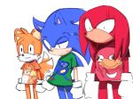  2018 2_tails canine clothed clothing dipstick_tail echidna fox group hedgehog knuckles_the_echidna male mammal meme miles_prower monotreme multi_tail multicolored_tail shiche simple_background smile sonic_(series) sonic_the_hedgehog standing sweat ugandan_knuckles white_background white_gloves 