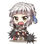  1girl armor bare_shoulders boots breasts chains chibi elbow_gloves fate/grand_order fate_(series) flail gloves grey_eyes grey_hair hair_ornament midriff open_mouth penthesilea_(fate/grand_order) ponytail short_hair short_shorts shorts thighhighs weapon 
