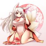  absurdres animal_ears black_footwear breasts china_dress chinese_clothes dress floral_print flower flower_knight_girl fox_ears fox_tail full_body hair_flower hair_ornament higanbana_(flower_knight_girl) highres kneeling kyuubi large_breasts long_hair looking_at_viewer multiple_tails ofuda pelvic_curtain red_eyes shoes side_slit smile solo spider_lily tail tylwing white_hair 