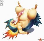  autofellatio blue_fur claws cum cum_in_mouth cum_inside exotic_penis fangs feral fire fur knot looking_at_viewer lying male masturbation missyazriel nintendo on_back open_mouth oral penis pok&eacute;mon red_eyes slightly_chubby tongue tongue_out typhlosion video_games 