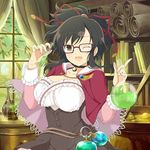  1girl alchemy asuka_(senran_kagura) atelier_(series) atelier_rorona blush breasts brown_eyes brown_hair cape cosplay flask glasses hair_ribbon large_breasts long_hair looking_at_viewer one_eye_closed open_mouth ponytail ribbon rororina_fryxell rororina_fryxell_(cosplay) senran_kagura senran_kagura_(series) smile solo test_tube wink 
