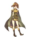  armor arms_behind_back bangs bare_shoulders belt boots bow bracelet breastplate brown_eyes brown_hair cape capelet dress dyute_(fire_emblem) eyebrows_visible_through_hair fang fire_emblem fire_emblem_echoes:_mou_hitori_no_eiyuuou fire_emblem_heroes full_body highres jewelry knee_boots long_hair looking_at_viewer miwabe_sakura official_art open_mouth pointy_boots ponytail short_dress sleeveless smile solo transparent_background 