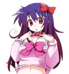  1girl ageha_(kyoukai_no_rinne) breasts collar kyoukai_no_rinne long_hair navel open_mouth pink_eyes purple_hair ribbon 