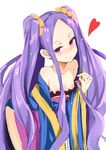  1girl bare_shoulders blush breasts chinese_clothes dress fate/grand_order fate_(series) frills hair_ornament heart long_hair nipples purple_eyes purple_hair small_breasts smile twintails wu_zetian_(fate/grand_order) 