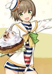  brown_hair cake cowboy_shot food green_eyes hat looking_at_viewer ninomoto open_mouth original personification sailor_collar shirt smile solo striped striped_shirt whipped_cream 