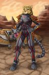  2017 4_toes 5_fingers anthro armor blonde_hair bodysuit breasts clothing desert detailed_background digitigrade ear_piercing feline female full_body fur hair helmet heresy_(artist) hi_res kilrathi mammal outside pauldron piercing sketch skinsuit spacecraft tan_fur tight_clothing toes vehicle video_games wing_commander 