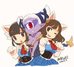  2014 3girls animal_ears bangs bare_shoulders breasts brown_hair cat_ears cat_paws character_request cleavage copyright_name corset cyclops dated eyebrows_visible_through_hair fake_animal_ears fuumin_(youkai_watch) hairband large_breasts long_hair looking_at_viewer monster_girl mota multiple_girls no_bra nyaakb one-eyed one_eye_closed parted_lips paw_gloves paws pointy_ears purple_skin simple_background skirt white_background white_hair wink youkai youkai_watch 