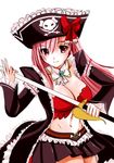  bow breasts captain_liliana cecil_(wing_r) frills hat highres jolly_roger large_breasts long_hair miniskirt pink_eyes pink_hair pirate pirate_hat pleated_skirt queen's_blade queen's_blade_rebellion ribbon skirt skull_and_crossed_swords solo sword very_long_hair weapon 