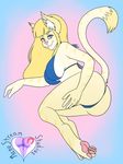  2017 absurd_res anthro big_breasts big_butt bikini blonde_hair blue_eyes breasts butt cat cleavage clothed clothing digital_media_(artwork) feline female fur hair hi_res invalid_tag looking_at_viewer mammal manestream_studios pink_nose simple_background smile solo swimsuit thick_thighs yellow_fur 
