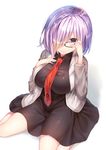  black-framed_eyewear black_dress breasts dress fate/grand_order fate_(series) from_above glasses grey_jacket hair_over_one_eye highres hood hoodie impossible_clothes jacket large_breasts long_sleeves looking_at_viewer mash_kyrielight necktie no_legwear ntk_(7t5) purple_eyes purple_hair red_neckwear shadow short_hair simple_background sitting smile solo thighs wariza white_background 