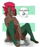  2017 anthro areola arnachy beverage black_nose breasts canine chest_tuft clothing coffee dialogue dog english_text eyewear female glasses hair hi_res julie legwear looking_at_viewer mammal nipples pussy red_hair solatorobo solo text thigh_highs tongue tongue_out tuft video_games 