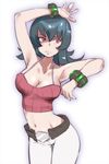  arm_up bangs blue_hair breasts cleavage closed_mouth cowboy_shot groin highres large_breasts long_hair natsume_(pokemon) navel pants pokemon pokemon_(game) pokemon_hgss red_eyes solo thigh_gap white_pants zaitsu 