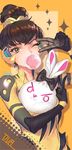  alternate_costume alternate_hairstyle b.va_(overwatch) black_bow black_gloves black_neckwear bodysuit bow bowtie brown_eyes brown_hair bubble_blowing character_name chewing_gum d.va_(overwatch) diamond_(symbol) double_v elbow_gloves eyebrows_visible_through_hair gloves hair_bun headgear headphones high_collar holding looking_at_viewer one_eye_closed overwatch pilot_suit shadow short_hair shoulder_pads signature simple_background skin_tight solo stuffed_animal stuffed_bunny stuffed_toy upper_body v wope yellow_bodysuit 