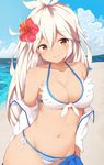  absurdres bangs beach bikini blue_skirt blush breasts brown_eyes cleavage closed_mouth collarbone commentary_request cowboy_shot cowlick day eyebrows_visible_through_hair flower front-tie_bikini front-tie_top granblue_fantasy grey_hair hair_between_eyes hibiscus highres jacket long_hair looking_at_viewer medium_breasts navel ocean open_clothes open_jacket outdoors pleated_skirt red_flower side-tie_bikini skirt skirt_pull smile solo swimsuit tsuzaki_tsunomi white_bikini zooey_(granblue_fantasy) 