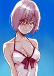  absurdres bad_id bad_twitter_id bare_shoulders blue_background breasts cleavage collarbone dress eyebrows_visible_through_hair eyes_visible_through_hair fate/grand_order fate_(series) glasses hair_over_one_eye highres inactive_account looking_at_viewer mash_kyrielight medium_breasts napata pink_eyes pink_hair short_hair sleeveless sleeveless_dress smile solo upper_body white_dress 