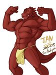  2012 abs anthro balls biceps brunder bulge clothing dragon flexing grin jiandou loincloth male muscular nude pecs red_scales scales signature simple_background smile solo standing white_background 
