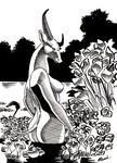  2012 animal_head big_breasts biped black_and_white breasts butt captainninja detailed_background female flower horn lake looking_at_viewer mammal monochrome nipples nude outside pinup plant portrait pose rear_view signature snout solo standing three-quarter_portrait 