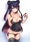  bangs bare_shoulders black_hair black_legwear black_panties black_shirt blue_eyes blunt_bangs breasts breasts_apart collarbone commentary_request cowboy_shot double_bun effort_star eyebrows_visible_through_hair fingernails gradient gradient_background groin hand_on_own_chest hands_up highres holding holding_strap kantai_collection legs_together light_cruiser_oni long_hair medium_breasts open_mouth panties shinkaisei-kan shirt side-tie_panties skindentation sleeveless solo standing string_panties tank_top thighhighs torn_clothes torn_shirt underwear 