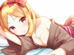  blonde_hair blurry blush bow breasts cleavage commentary_request depth_of_field eromanga_sensei eyebrows_visible_through_hair hair_bow japanese_clothes kimono long_hair looking_at_viewer medium_breasts na53 parted_lips pointy_ears smile solo yamada_elf yukata 