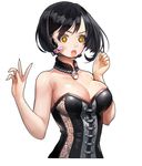  1girl :o bare_shoulders black_hair breasts brown_eyes choker cleavage hand_up headset large_breasts looking_at_viewer majo solo upper_body 