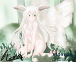  antennae blush breasts colored_eyelashes commentary forest green_eyes hair_between_eyes hair_over_breasts large_wings leaning_forward long_hair moth_wings multiple_wings nature nude open_mouth original patreon_logo patreon_username signature sitting solo straight_hair very_long_hair wariza weaver_neith white_hair wings 