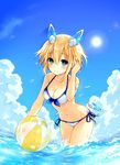  ange_vierge ball bangs bare_shoulders beachball bikini blonde_hair blue_eyes blush breasts cleavage cloud code_omega_77_stella collarbone day eyebrows_visible_through_hair front-tie_bikini front-tie_top green_eyes hair_ornament heterochromia highres looking_at_viewer medium_breasts navel ocean official_art outdoors see-through short_hair side-tie_bikini sky smile solo sunlight swimsuit tsunako wading water 