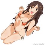  2017 :d artist_name baba_arumi bare_shoulders bikini breasts brown_hair dated full_body green_eyes hair_ornament hairclip himekawa_yuki idolmaster idolmaster_cinderella_girls long_hair looking_at_viewer lowleg lowleg_bikini navel open_mouth simple_background small_breasts smile solo swimsuit teeth upper_teeth w_arms white_background 