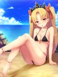  :o bangs barefoot beach bikini black_bikini blonde_hair blush breasts collarbone day ereshkigal_(fate/grand_order) eyebrows_visible_through_hair fate/grand_order fate_(series) long_hair looking_at_viewer medium_breasts momo_no_kanzume open_mouth outdoors parted_bangs plantar_flexion red_eyes side-tie_bikini sitting solo swimsuit thighs two_side_up 