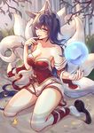  ahri animal_ears az_(zero_glvimayhop) bare_shoulders black_hair breasts cleavage detached_sleeves energy_ball facial_mark fingernails fox_ears fox_tail highres korean_clothes large_breasts league_of_legends lips long_hair looking_at_viewer multiple_tails nail_polish one_eye_closed red_nails slit_pupils solo tail water whisker_markings yellow_eyes 