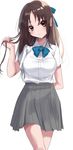  1girl blush bow brown_eyes brown_hair hair_bow idolmaster idolmaster_cinderella_girls long_hair school_uniform shirt simple_background sinsihukunokonaka skirt solo tachibana_arisu white_background 