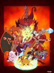  absurdres black_hair blonde_hair blue_(pokemon) blue_eyes brown_hair charizard claws creatures_(company) fire game_freak gen_1_pokemon gen_2_pokemon gen_4_pokemon gen_5_pokemon gen_6_pokemon gen_7_pokemon gloves green_eyes greninja hat highres incineroar ivysaur legendary_pokemon long_hair looking_at_viewer lucario mewtwo nintendo open_mouth pikachu pleated_skirt pokemon pokemon_(creature) pokemon_(game) pokemon_bw pokemon_dppt pokemon_rgby pokemon_sm pokemon_trainer ponytail porkpie_hat red_(pokemon) red_eyes red_skirt rudosan scarf sharp_teeth shirt short_hair skirt sleeveless sleeveless_shirt smile squirtle super_smash_bros. super_smash_bros._ultimate tail teeth tongue water wristband yellow_sclera 