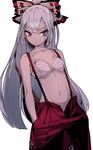  1girl bow bra breasts collarbone cowboy_shot fujiwara_no_mokou hair_bow hands_in_pockets long_hair navel no_panties no_shirt ofuda pants pink_eyes silver_hair simple_background small_breasts solo standing suspenders thupoppo touhou underwear very_long_hair white_background white_bra 