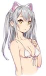  animal_ears bikini_top braid breasts cat_ears cleavage copyright_request front-tie_bikini front-tie_top hand_on_own_chest kawata_hisashi long_hair parted_lips silver_hair simple_background small_breasts solo twin_braids two_side_up upper_body white_background white_bikini_top yellow_eyes 