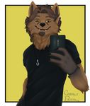  2017 anthro beard bluwolfie42 canine cellphone clothed clothing cobaltdevil digital_drawing_(artwork) digital_media_(artwork) facial_hair fox fur hair looking_at_viewer male mammal phone selfie simple_background smile 