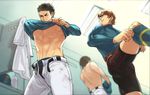  ace_of_diamond baseball_uniform beard black_hair brown_hair facial_hair from_below isashiki_jun locker locker_room long_sleeves maji_(m) male_focus multiple_boys protected_link short_hair sportswear toned toned_male unbuckled_belt undershirt undressing yuuki_tetsuya 