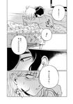  1girl arm_around_shoulder blush candy_print comic food_print greyscale iyagatteru_kimi_ga_suki looking_at_another monochrome oniyama831 ootsuki_makoto rug shirakawa_mikoto sidelocks strawberry_print sweater television translated 