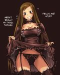  1girl bangs black_legwear black_panties blush bow bow_panties breasts brown_background brown_eyes brown_hair choker cleavage contrapposto cowboy_shot dress dress_lift flashing flying_sweatdrops frilled_legwear frills garter_belt garter_straps gothic grin hard_translated highres lace lace-trimmed_panties large_breasts lifted_by_self lingerie looking_at_viewer mikuni_kumi mosha mx0 panties side-tie_panties simple_background solo standing string_panties sweatdrop swept_bangs text thighhighs thighs translated underwear upscaled very_long_hair waifu2x 